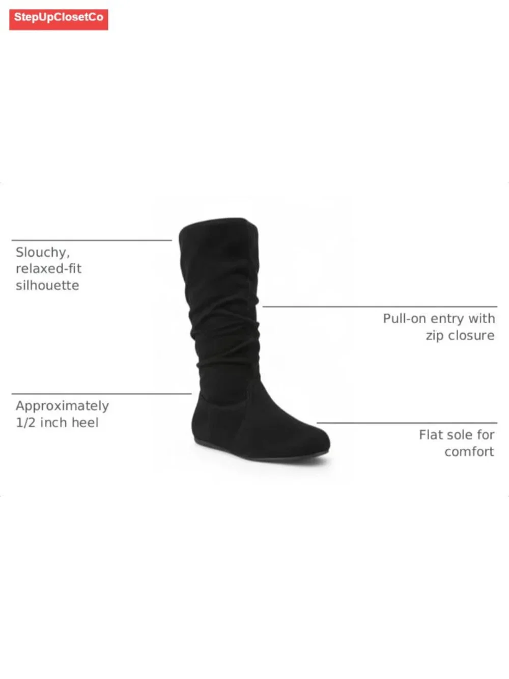 Women's Slouchy Mid-Calf Pull-On Boots with Side Zip Low Heel Winter Shoes